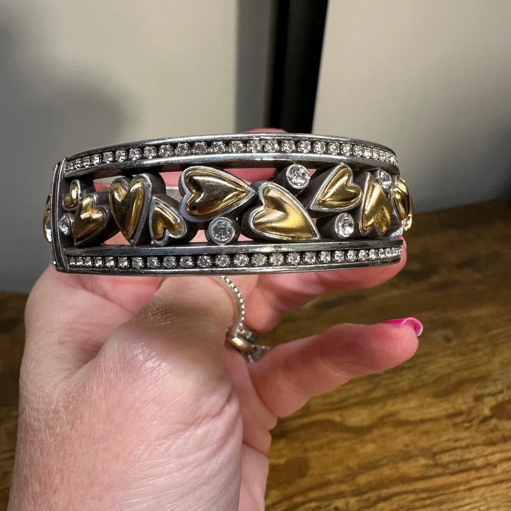 Brighton Two Tone Heart‎ Bangle Bracelet Silver Gold Crystal Accents Filigree